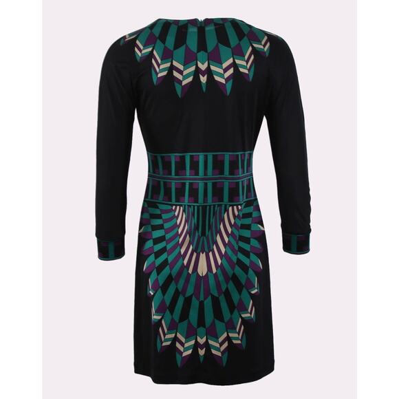 TORY BURCH 100% silk black green geometric aztec stretch fit flare dress - Picture 4 of 9